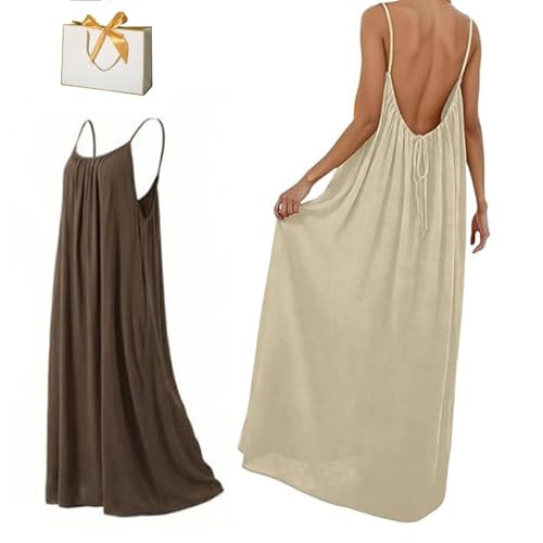 lylzb 2026 New Backless Cami Dresses for Women, Cami Lounge Dress Backless House Dress Long Sundress with Back Tie (US, Alpha, 3X-Large, Regular, Regular, Beige) | Amazon (US)