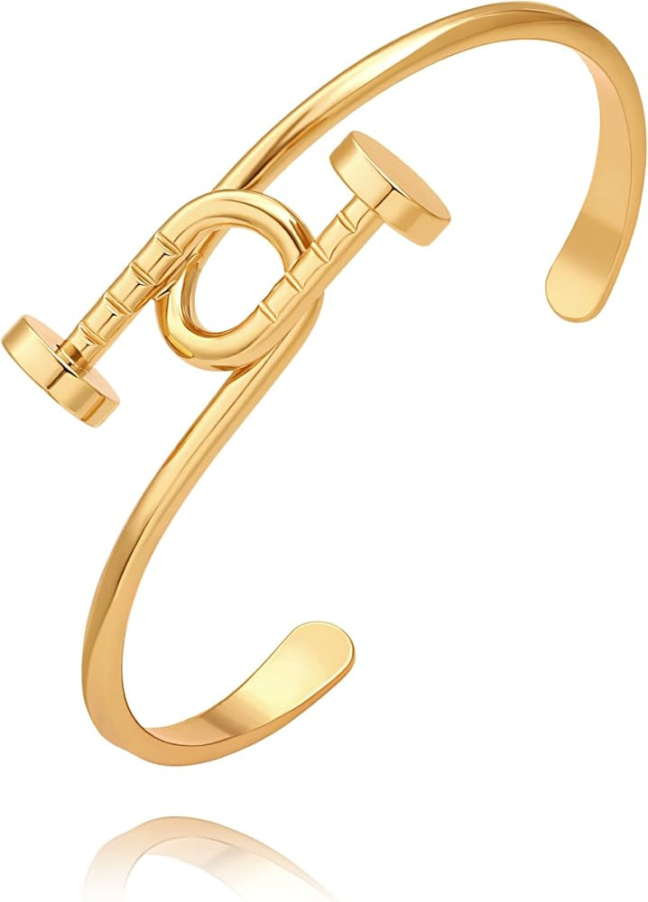 PERNNLA PEARL Dainty Gold Bar Bracelet for Women Simple Delicate Thin Cuff Bangle Hook Bracelet 1... | Amazon (US)