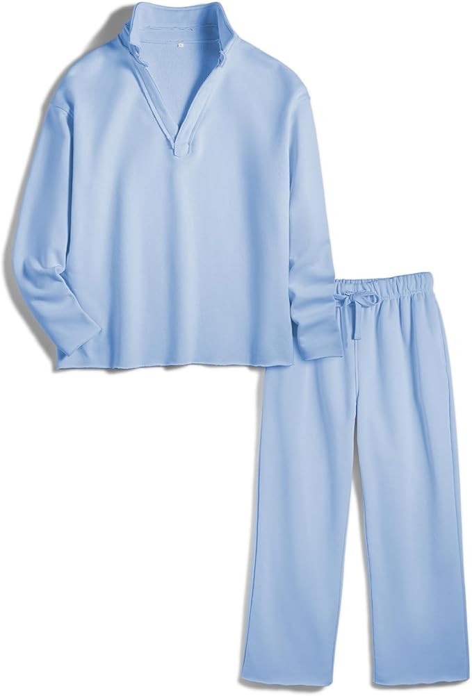 Ainangua Casual 2 Piece Sets for Women V Neck Long Sleeve Tops Wide Leg Pants Workout Outfits Fas... | Amazon (US)