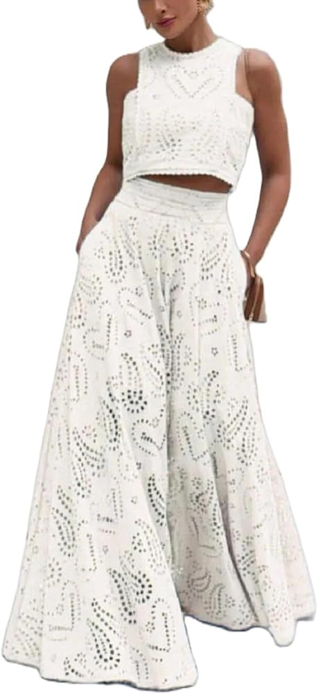 NUFIWI Eyelet Maxi Skirts Set for Women 2 Piece Lace Embroidered Sleeveless Tank Top Long Skirts ... | Amazon (US)