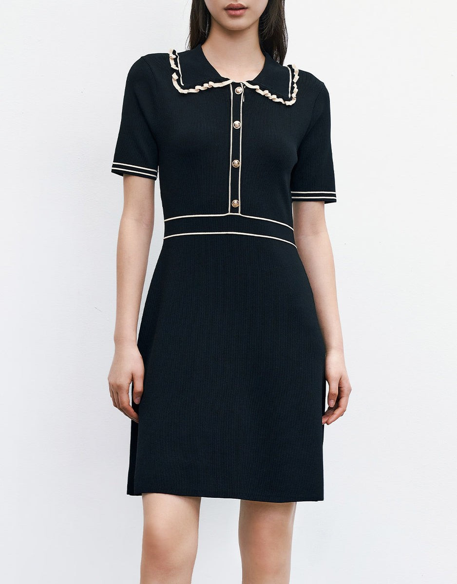 Contrast Trim Half Button Knitted Dress | Urban Revivo