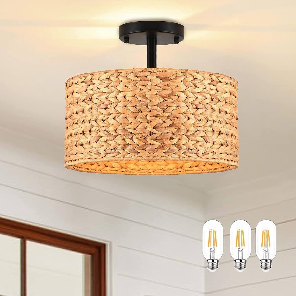 Rattan Ceiling Light Fixture,Boho Semi Flush Mount Ceiling Light, Farmhouse Chandelier Ceiling 3 Lig | Amazon (US)