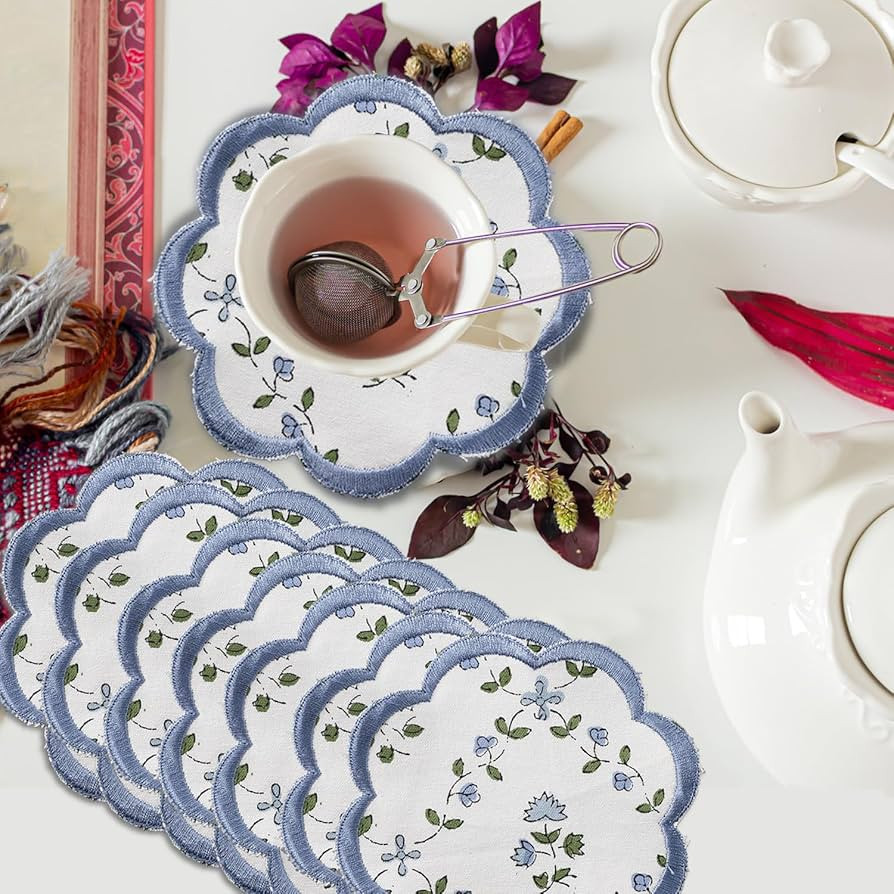 Ridhi Hand Block Print 8- pcs Canvas Cotton Drink Absorbent Stylish Embroidery Scallop Coaster Se... | Amazon (US)