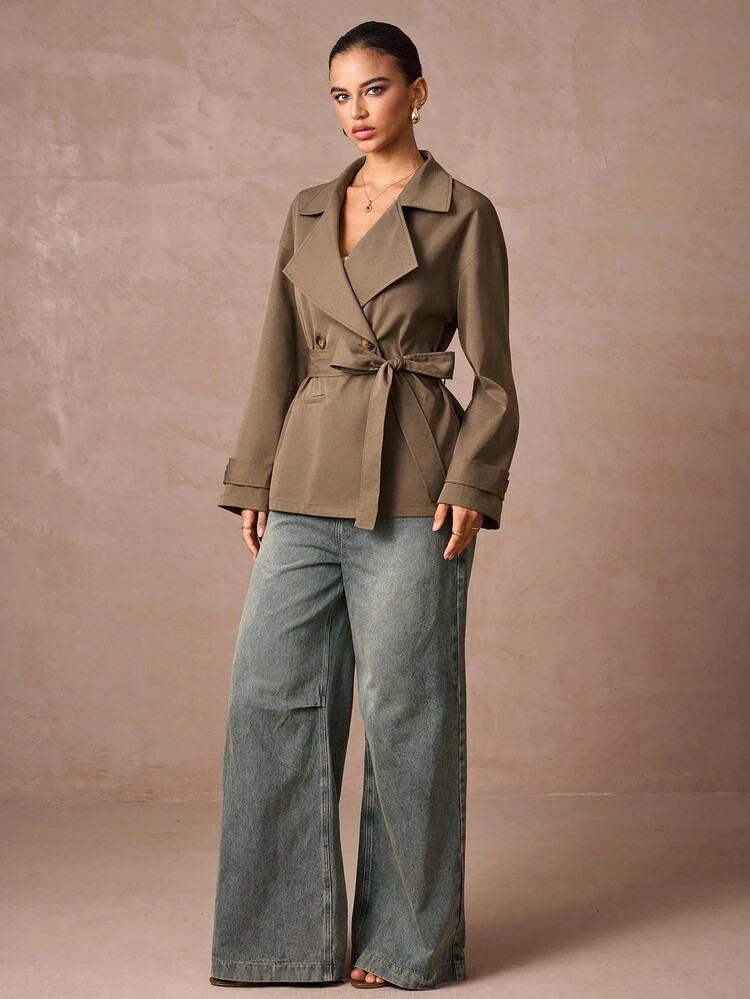 Lumalex Fall Modest Old Money Glitter Holiday Party Rave Festival Outing Vacation Bohemian BOHO Outdoor Richly Layered Wedding Season Banquet Coming Of Age Ceremony Women's Casual Commuter Simple Solid Color Drop Shoulder Loose Lapel Collar Double-Breasted Belted Trench Coat | SHEIN