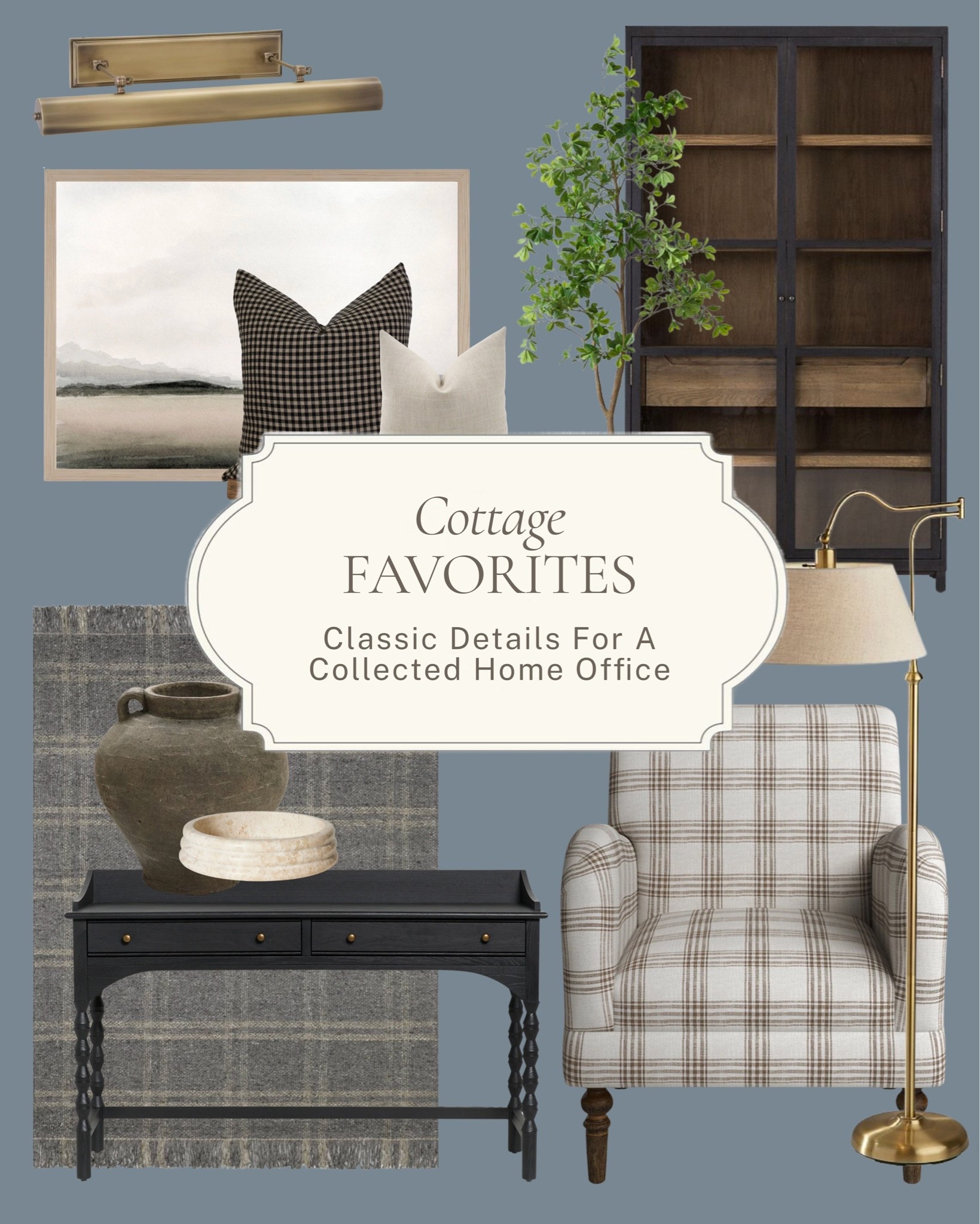 A home office should feel just as intentional as the rest of the house ✨ 

A few cottage favorites for a space that's classic, collected, and actually enjoyable to work in, a dark writing desk, a plaid accent chair, a moody cabinet, and those warm details that make an office feel designed rather than just functional. 

All linked here 🤍 

#LTKhome