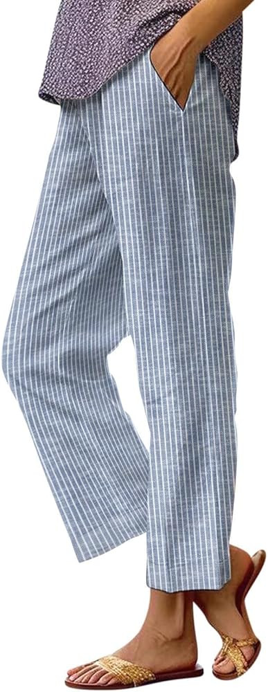 symoid Linen Striped Pants for Women Summer Wide Leg Elastic Waist Capri Pant Petite Palazzo Fash... | Amazon (US)