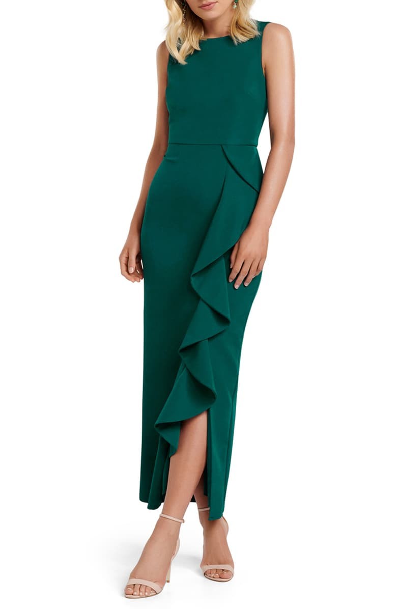emerald green wedding guest outfit
