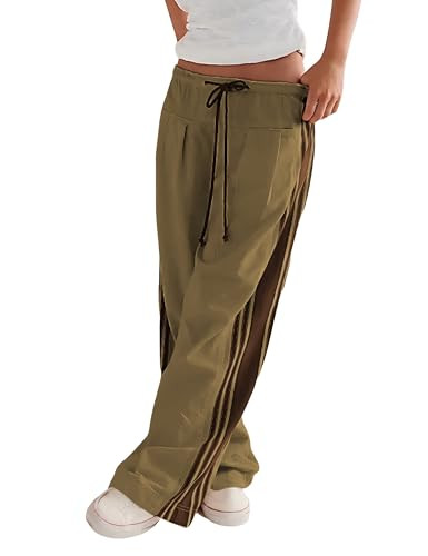 Hongsui Women's Wide Leg Pants Drawstring High Rise Side Striped Slouchy Palazzo Pants with Pockets (ArmyGreen-Small) | Amazon (US)
