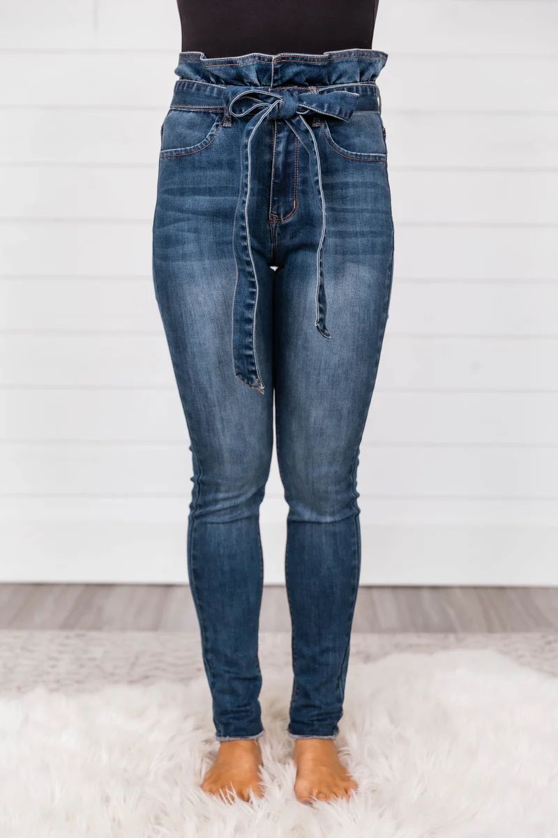 The Courtney Dark Wash Paperbag Waist Jeans | The Pink Lily Boutique