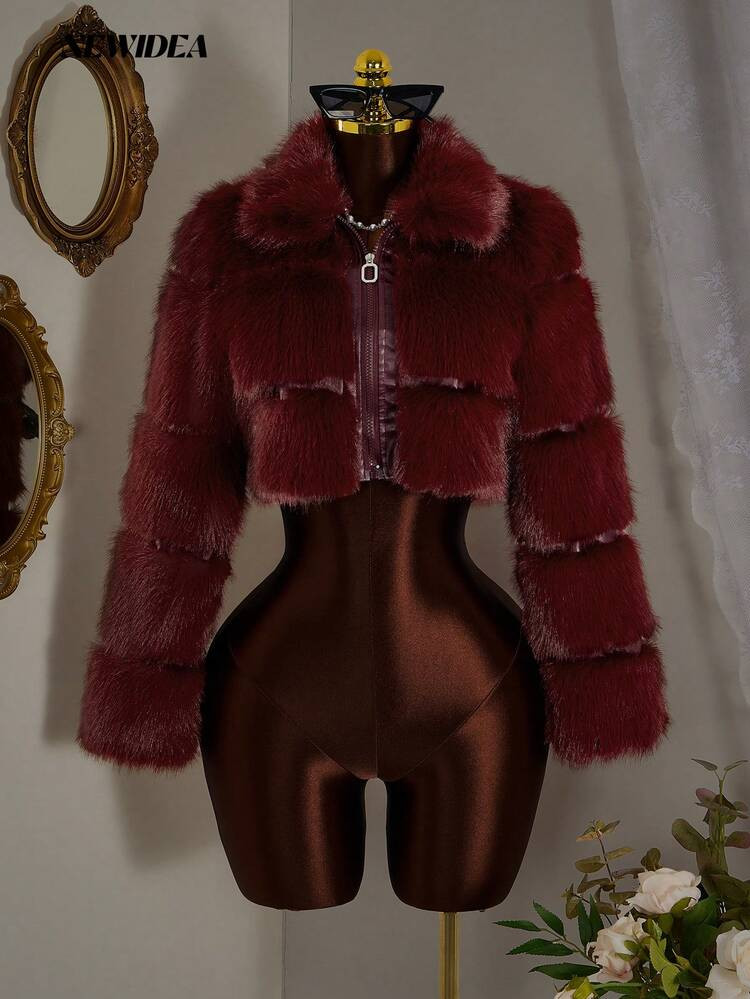 Women's Red Fluffy Crop Jacket With Collar And Long Sleeves, Warm Lined Fuzzy Short Coat For Winter Streetwear, Party Outfits, Holiday Events, And Daily Casual Looks | SHEIN