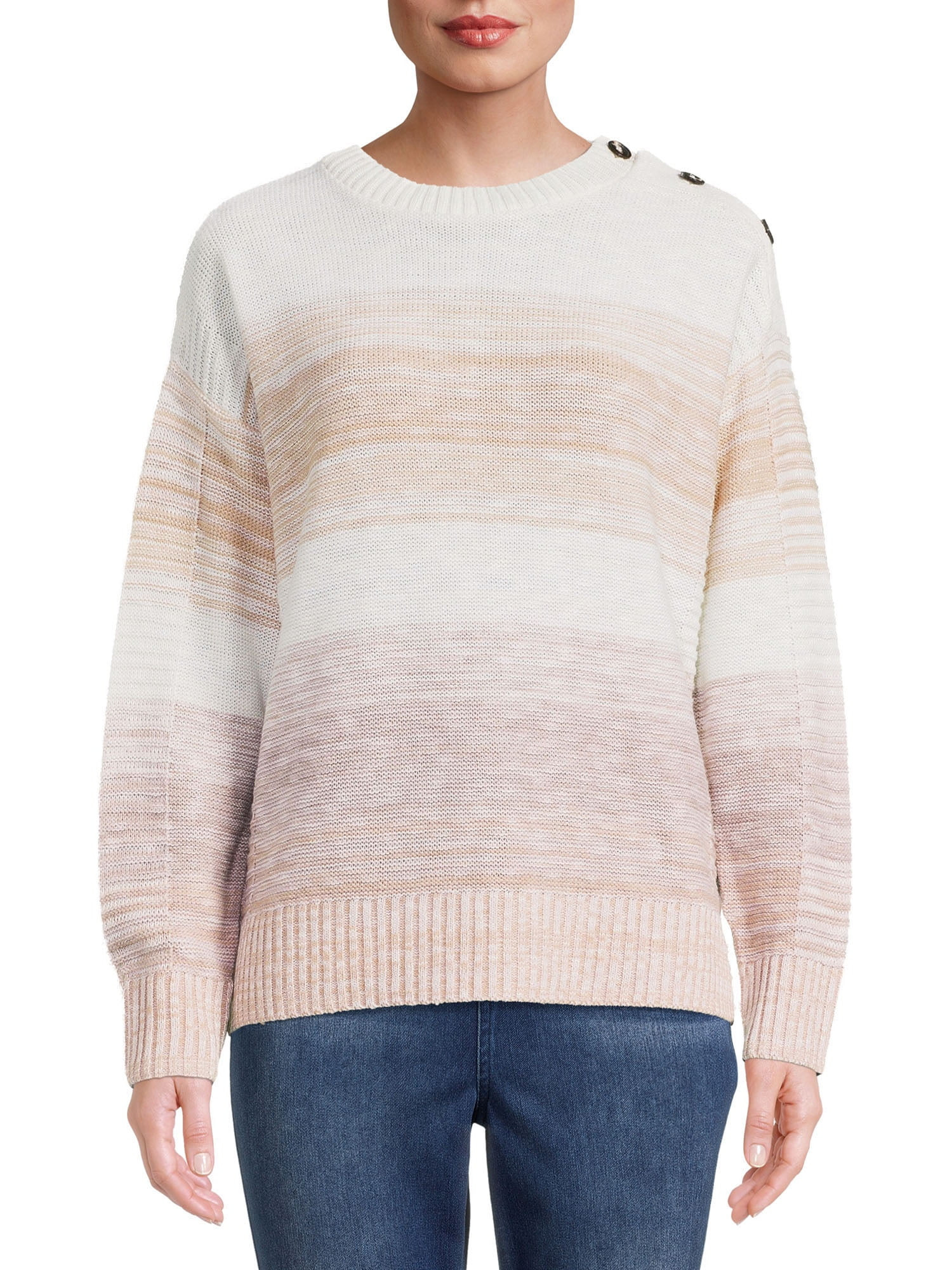 Time and Tru Women's Button Shoulder Striped Sweater | Walmart (US)