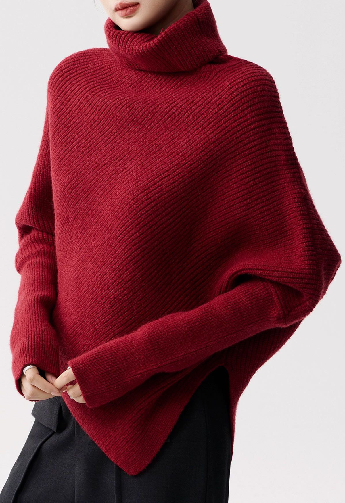 Turtleneck Asymmetric Hem Batwing Sleeve Ribbed Knit Sweater | Chicwish