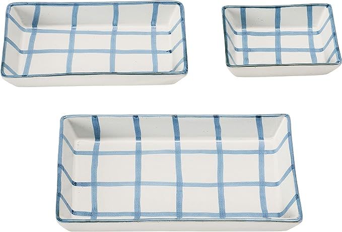 Creative Co-Op Hand-Painted Stoneware Trays with Grid Pattern, Set of 3 Plate, 7.5", Blue & White | Amazon (US)