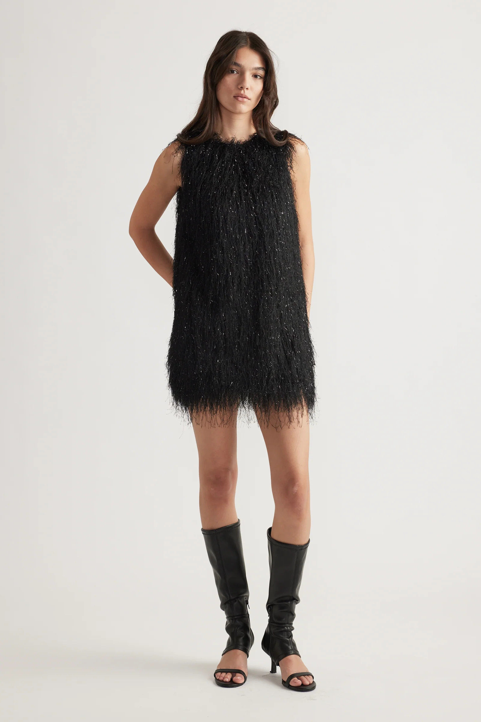 Rue Lurex Fringed Mini Dress - Black | DECJUBA