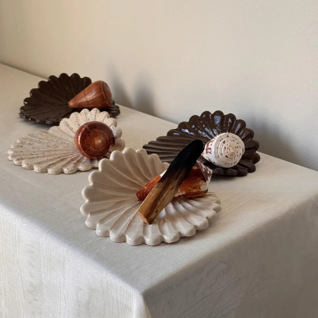 Ceramic Palo Santo Dish – Scallop-Inspired Glossy Brown Stoneware with Seashell Rest | Etsy (US)