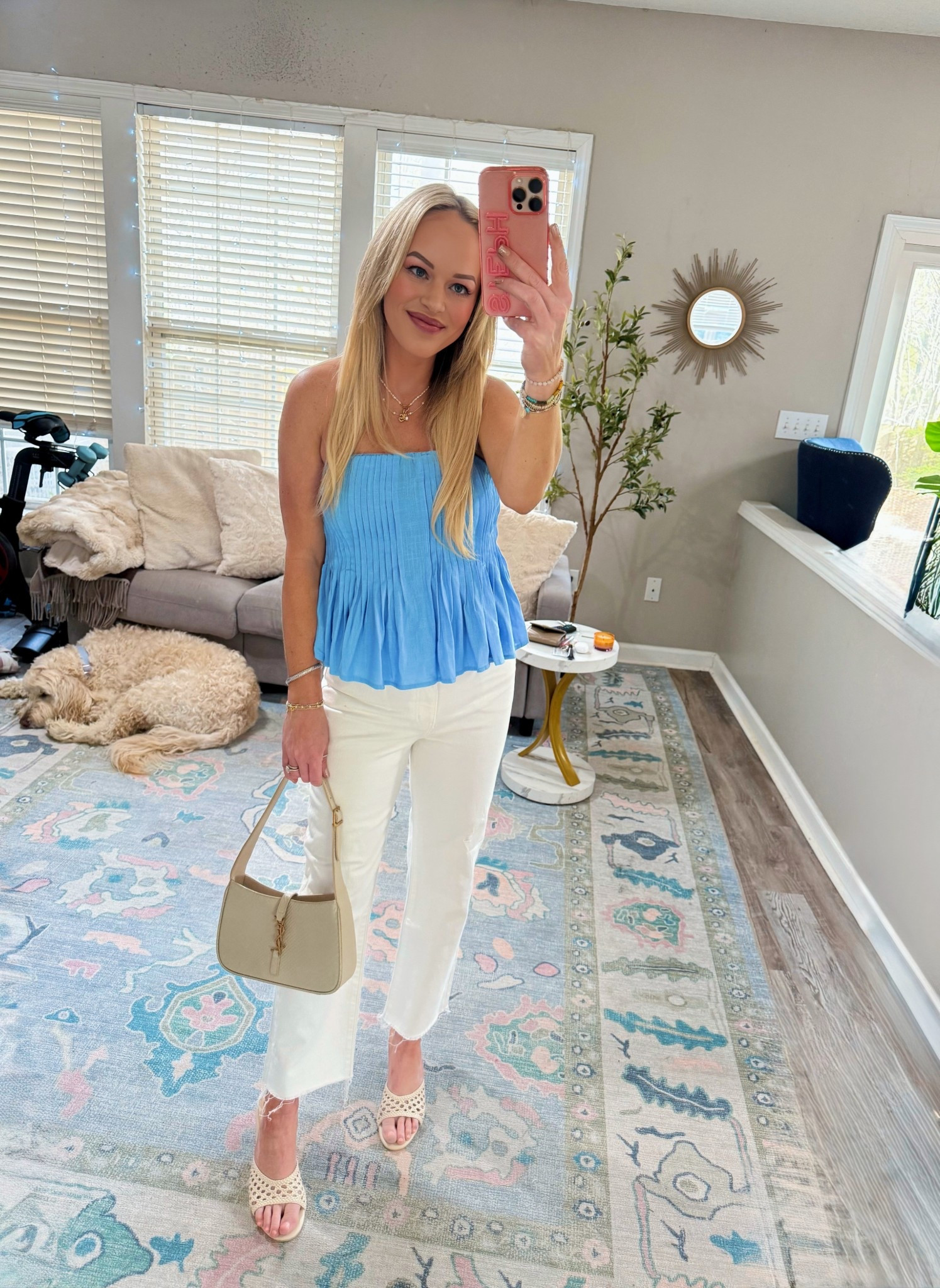 White denim jeans 30% OFF! Super comfy and true to size. peplum top, spring tops, date night outfits, spring outfits, strapless spring top 

#LTKSaleAlert #LTKTravel #LTKootd