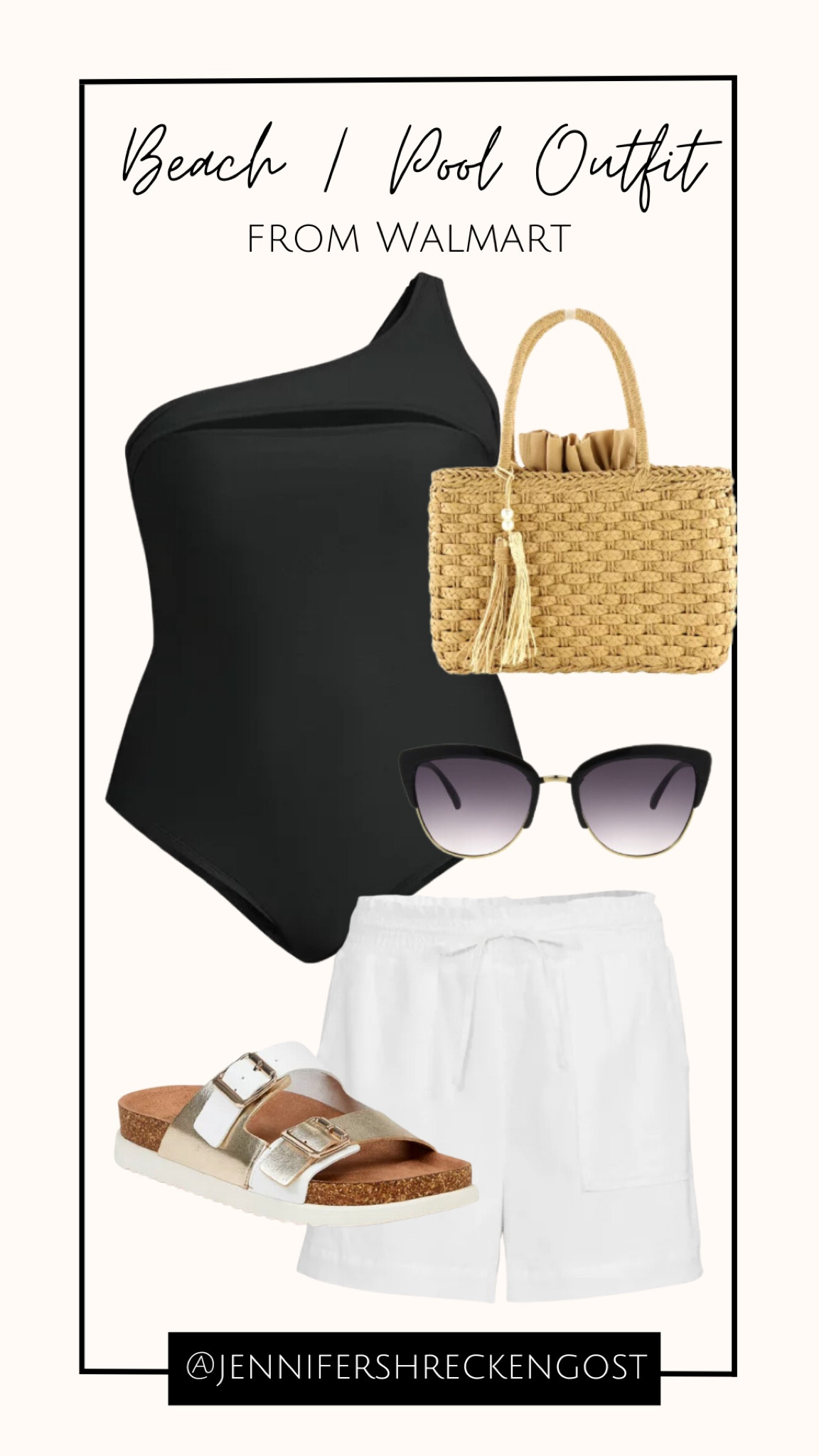 Beach / Pool outfit from Walmart! Items include a black one piece swimsuit, a white pair of linen shorts, a wicker tote, black sunglasses and white sandals  

#LTKunder100 #LTKSeasonal #LTKstyletip