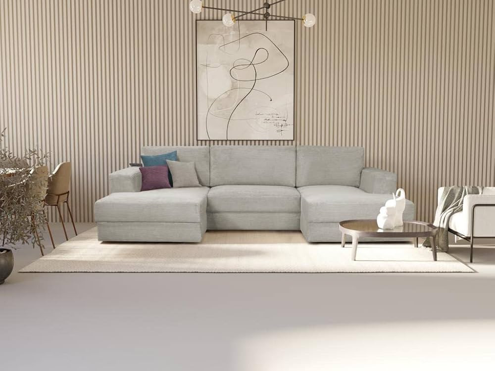 Venta-Unica - Sofá Cama rinconera panorámico de Terciopelo de canalé Gris CURIPINA | Amazon (ES)