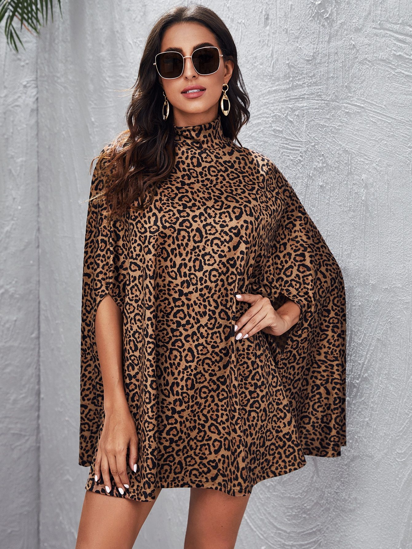 SHEIN High Neck Leopard Print Cloak Sleeve Dress | SHEIN