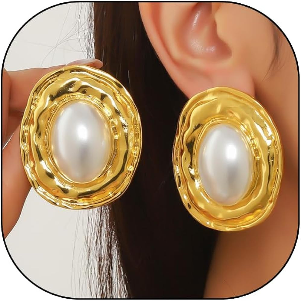 Vintage Pearl Earrings for Women Chunky Gold Geometric Oval Pearl Stud Earrings Exaggerated Textu... | Amazon (US)