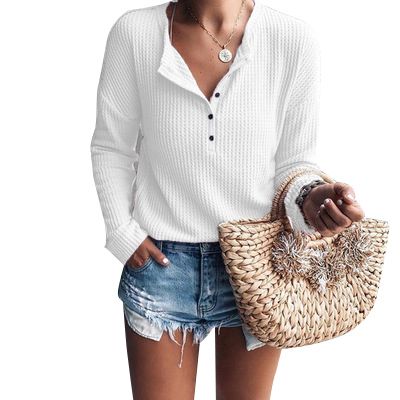 Women V Neck Long Sleeve Henley Shirts Button Down Warm Waffle Knit Top Tees | Walmart (US)