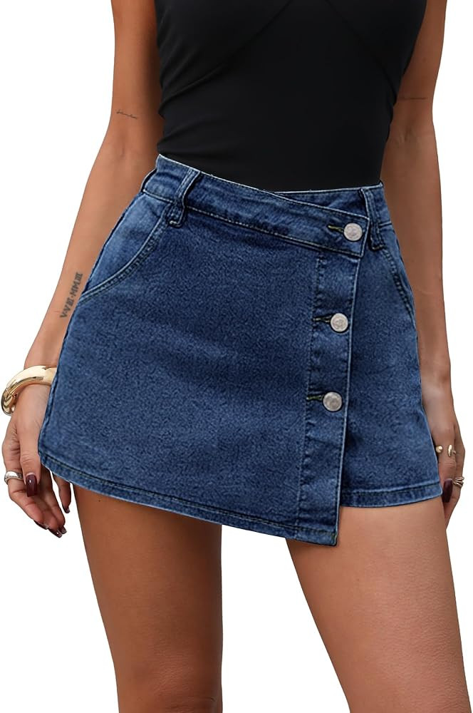 ELLEVEN Denim Wrap Mini Skorts with Button Front | Amazon (US)