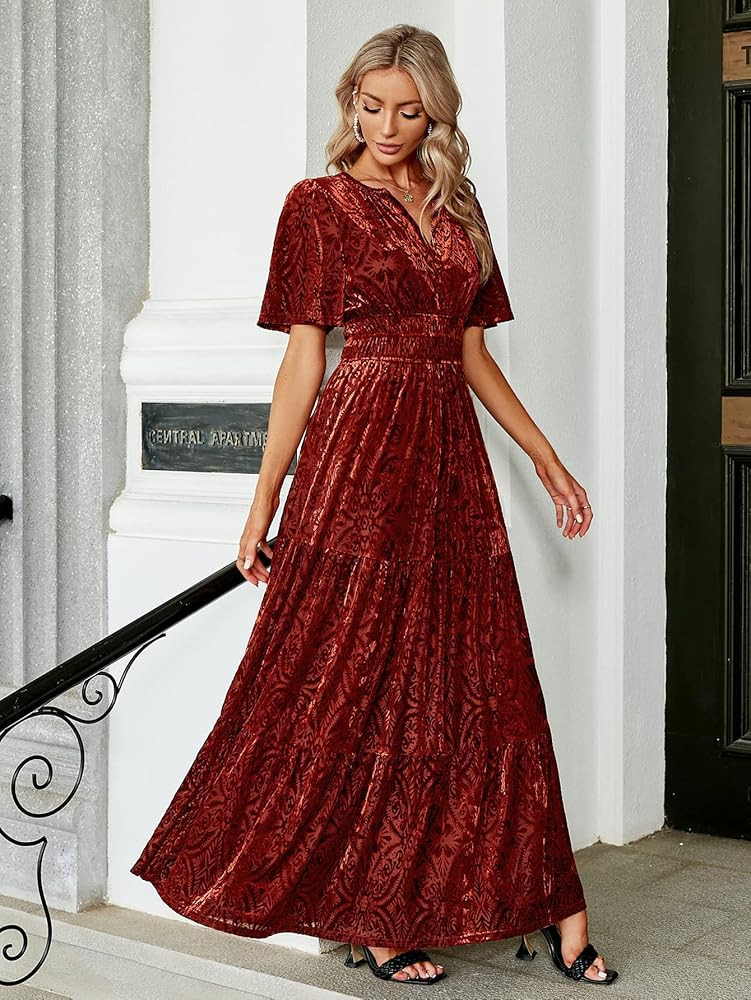 Amegoya Women's Velvet Short Sleeve V Neck Formal Wedding Guest Maxi Dresses Fall Evening Party Long | Amazon (US)
