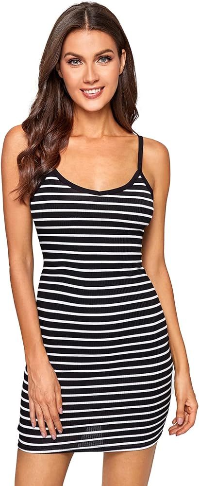 SheIn Women's Stripe Sleeveless Bodycon Mini Dress V Neck Ribbed Knit Pencil Short Dresses | Amazon (US)