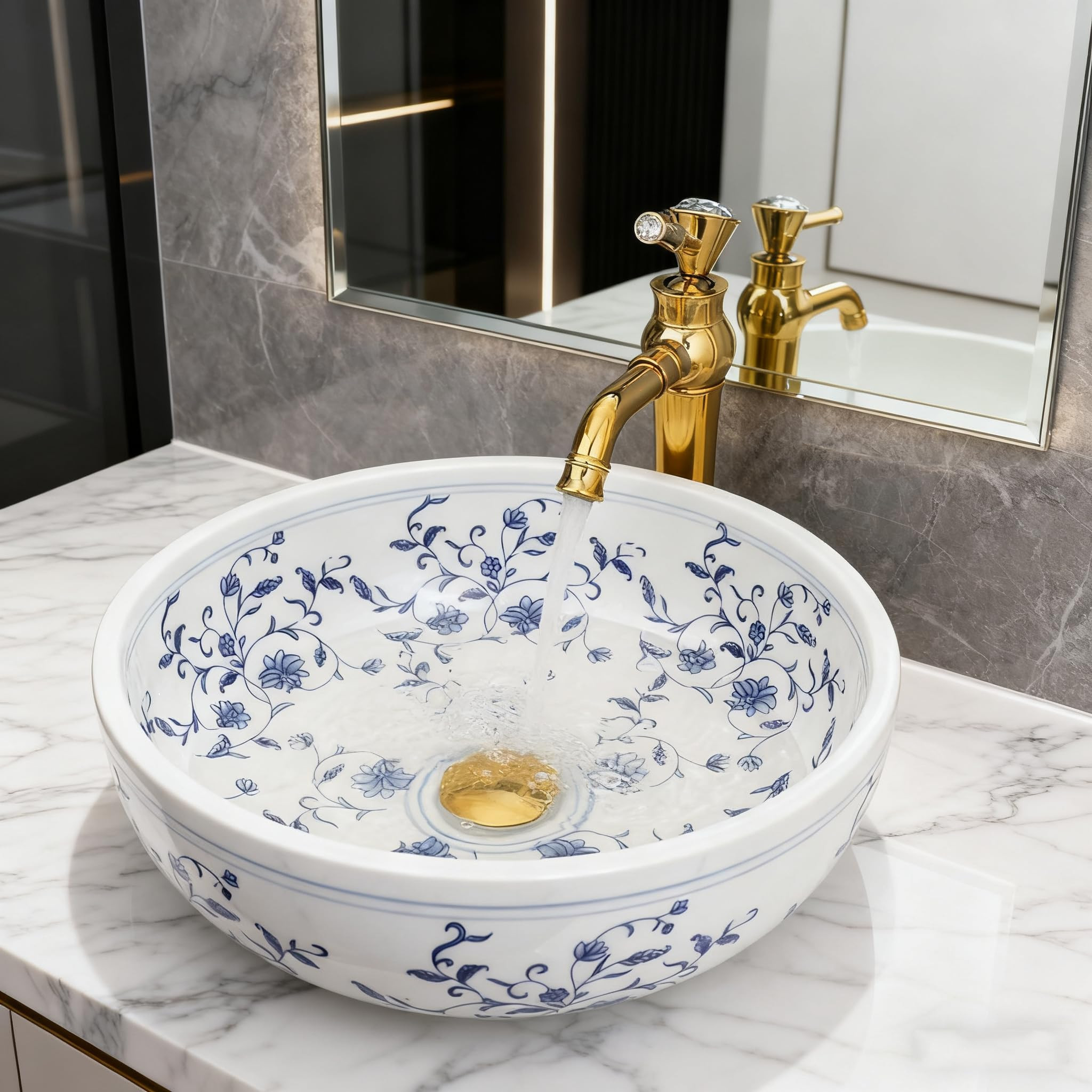 16 Inch Bathroom Vessel Sink, Blue and White Porcelain Ceramic Vessel Sink with Gold Faucet and P... | Amazon (US)