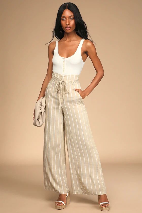 Day by Day Beige Striped High-Waisted Wide Leg Pants | Lulus (US)