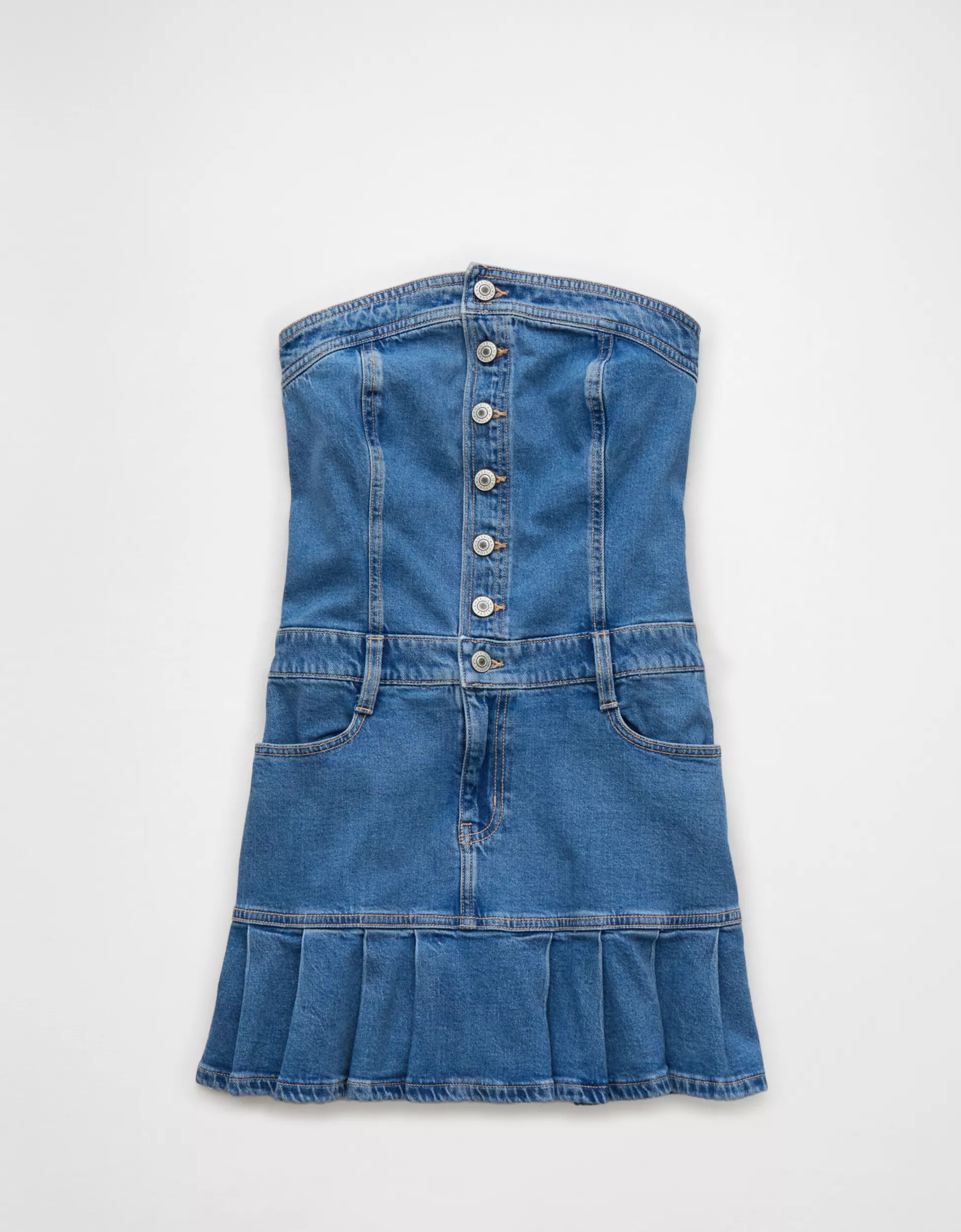 AE Pleated Drop Waist Denim Mini Dress | American Eagle Outfitters (US & CA)