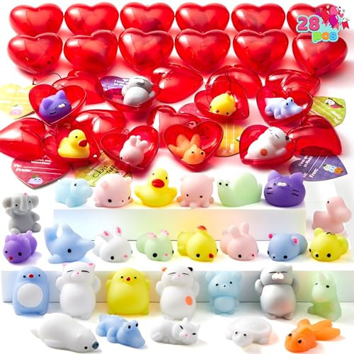 JOYIN 28 Packs Valentine Day Gift Cards with Mochi Squishy Toys and Filled Hearts for Kids Valentine Classroom Exchange, Kawaii Stress Relief Toys School Gifts Exchange, Games Prizes | Amazon (US)