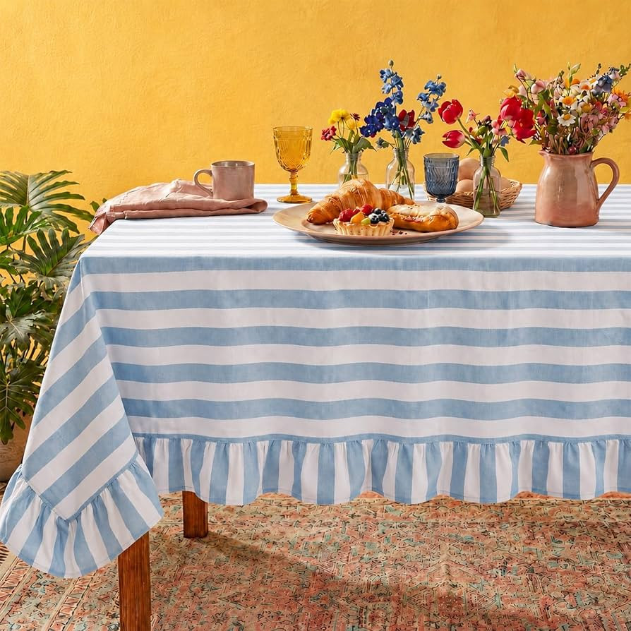 Tudomro 1 Pcs Ruffle Edge Striped Tablecloth, 84'' x 60'' Scalloped Table Cover, Farmhouse Linen ... | Amazon (US)