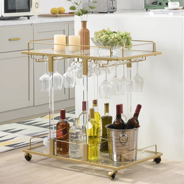 Kibwe Metal & Acrylic Bar Cart with Glass Shelves and Stemware Rack | Wayfair North America