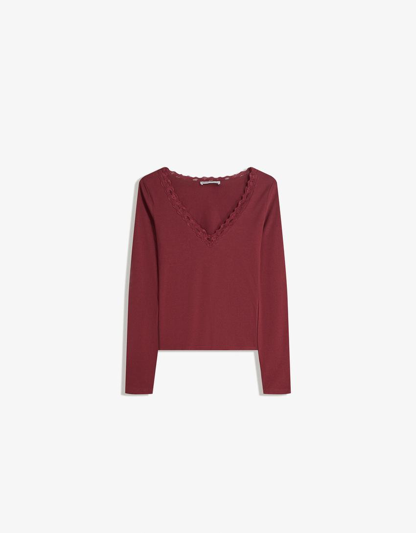 Langarmshirt mit Spitze - Damen | Bershka DE