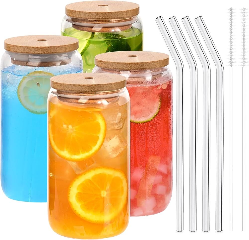 4PCS Glass Cups with Bamboo Lids and Glass Straws, 16oz Drinking Glasses Can Shaped Glass Cups, B... | Amazon (US)