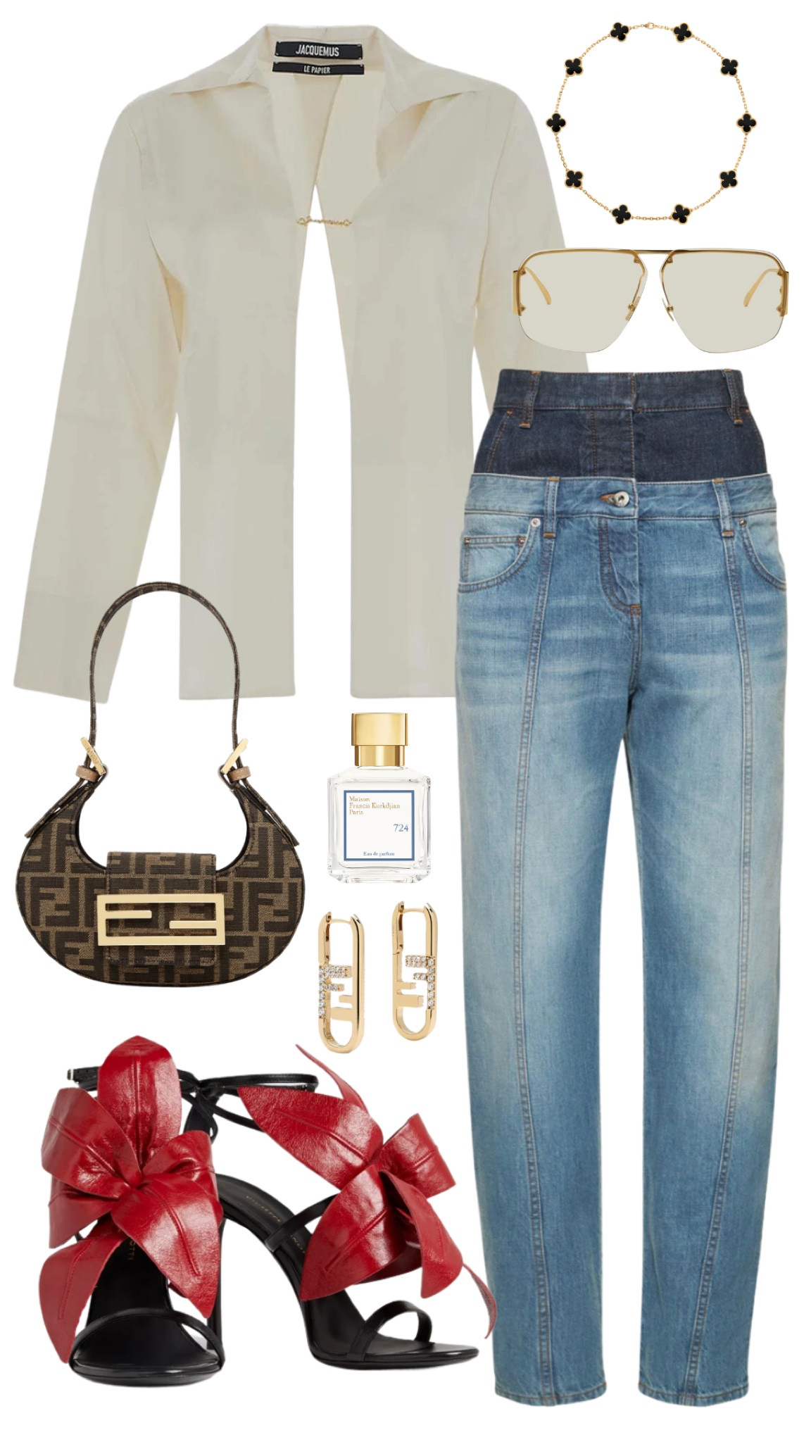 jacquemus top 
loewe double waistband jeans 
giuseppe zanotti heels 
fendi cookie bag 
bottega veneta sunglasses 
fendi earrings 
van cleef and arpels vintage alhambra onyx necklace 
MFK 724 parfum 

#LTKstyletip #LTKitbag #LTKfit