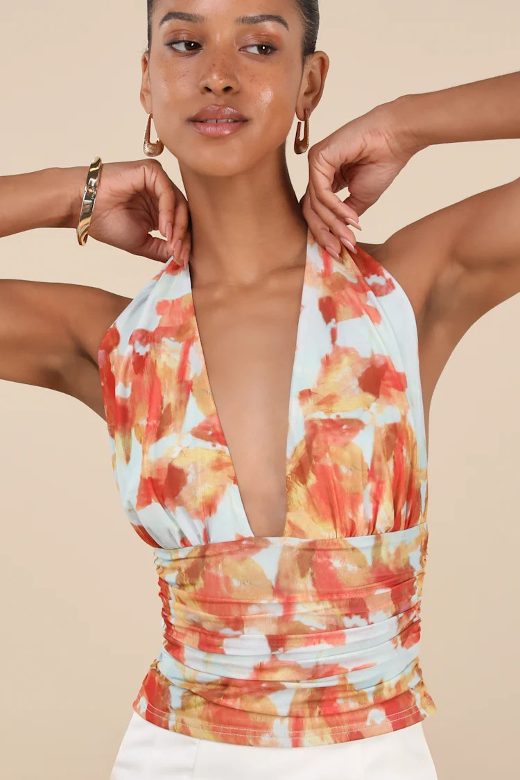 Ayaka Light Blue and Orange Abstract Mesh Halter Top | Lulus