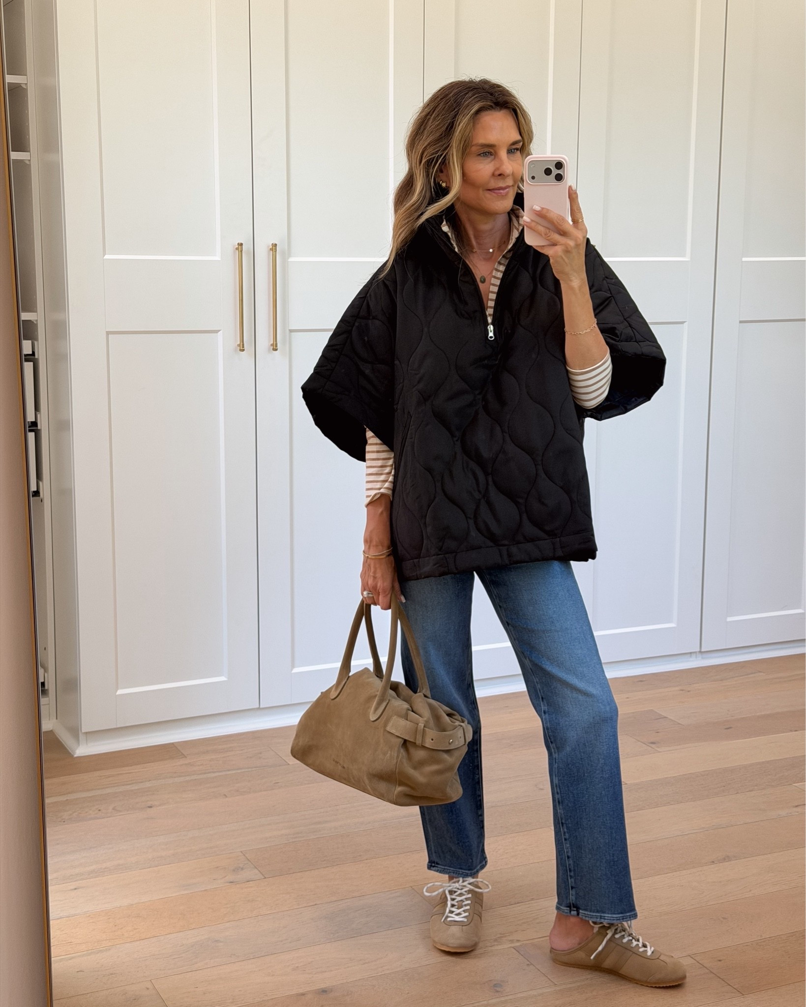 I’m 5’6
-quilted poncho xs
-striped long sleeve xs
-tan suede tote
-straight leg jean 24

#LTKSeasonal #LTKootd #LTKOver40