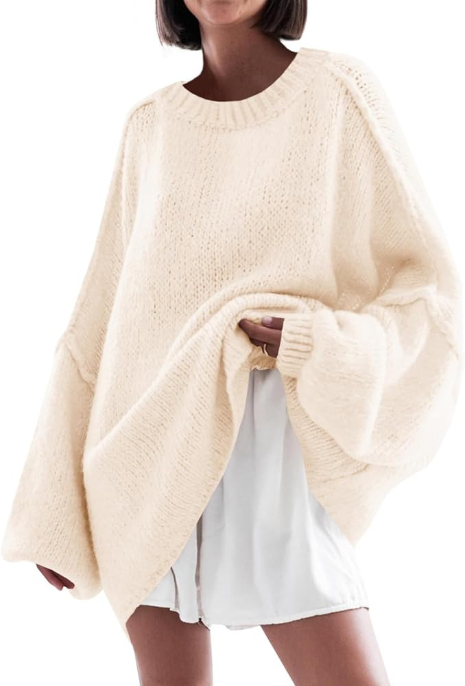Saodimallsu Womens Oversized Sweaters Crewn Neck Fall Winter Tunic Sweater     Batwing Lantern Sl... | Amazon (US)