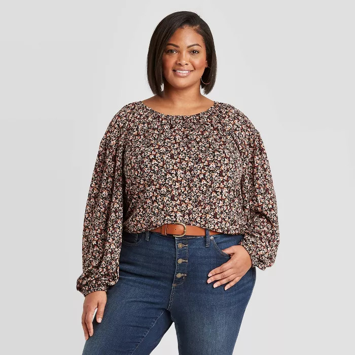Women's Plus Size Floral Print Long Sleeve Knit Blouse - Ava & Viv™ | Target