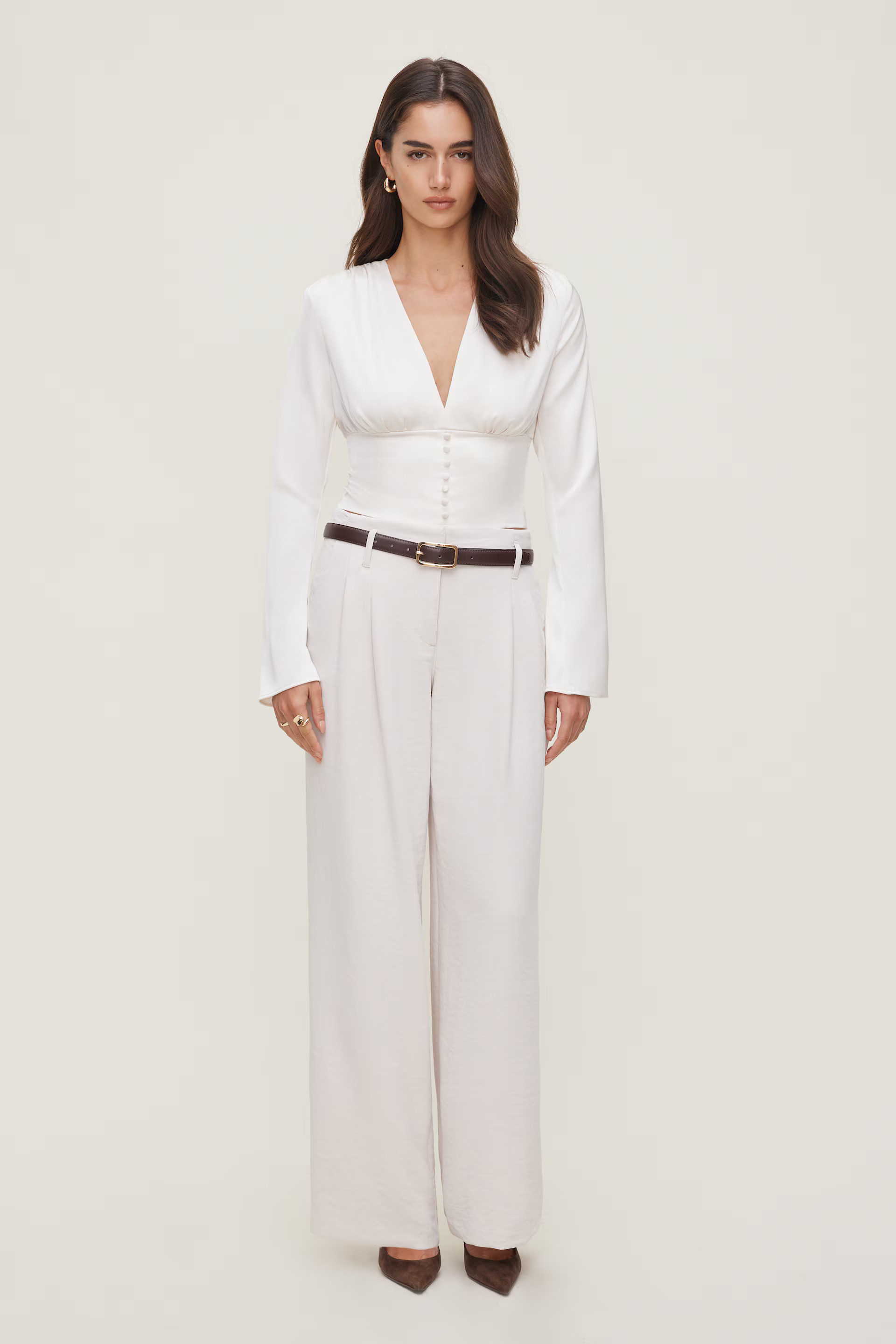 Draped V Neck Satin Blouse | Dynamite Clothing