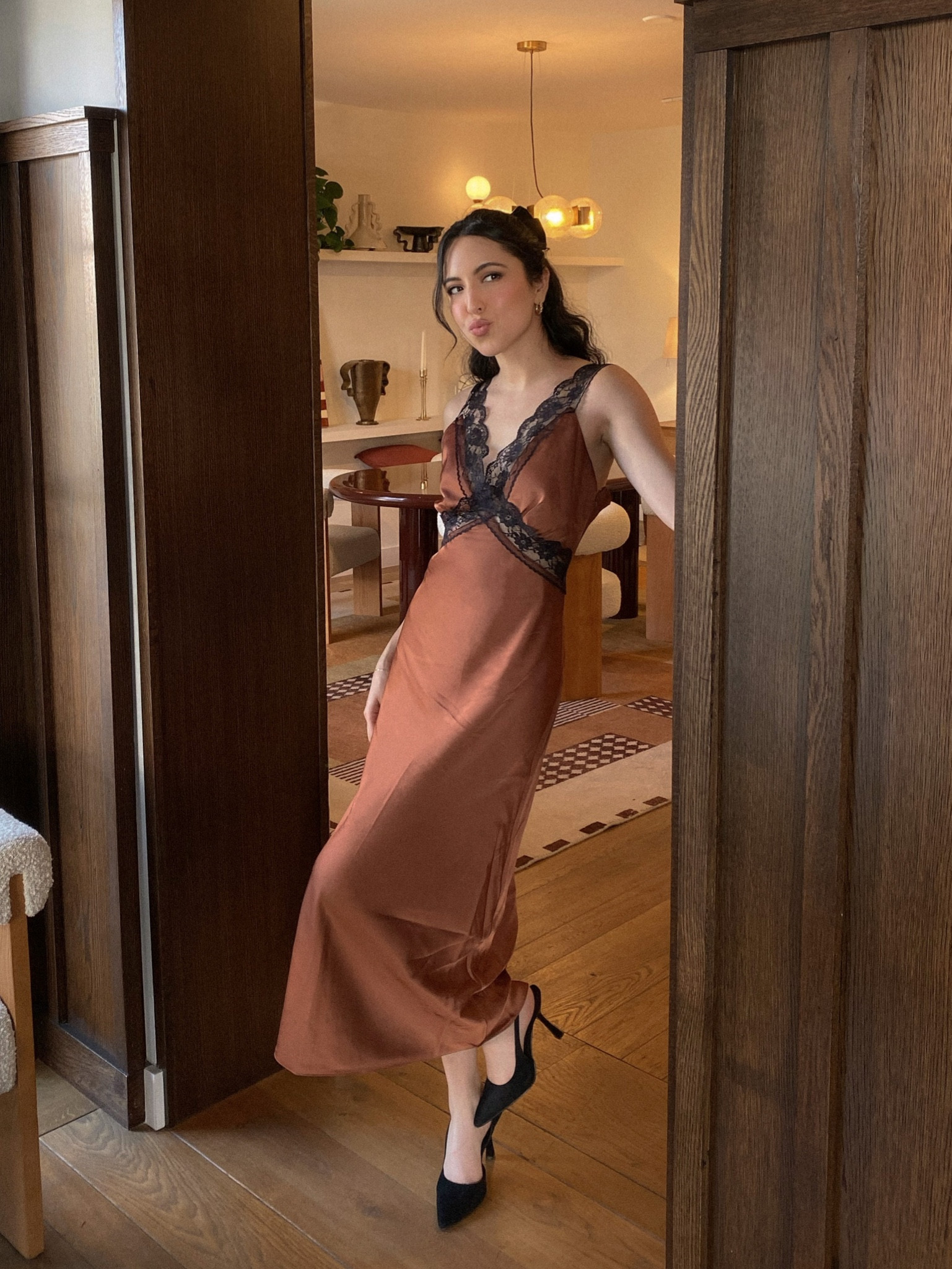 Abercrombie satin dress, black heels and Anthropologie black bow #abercrombie 

#LTKSeasonal #LTKsalealert #LTKstyletip