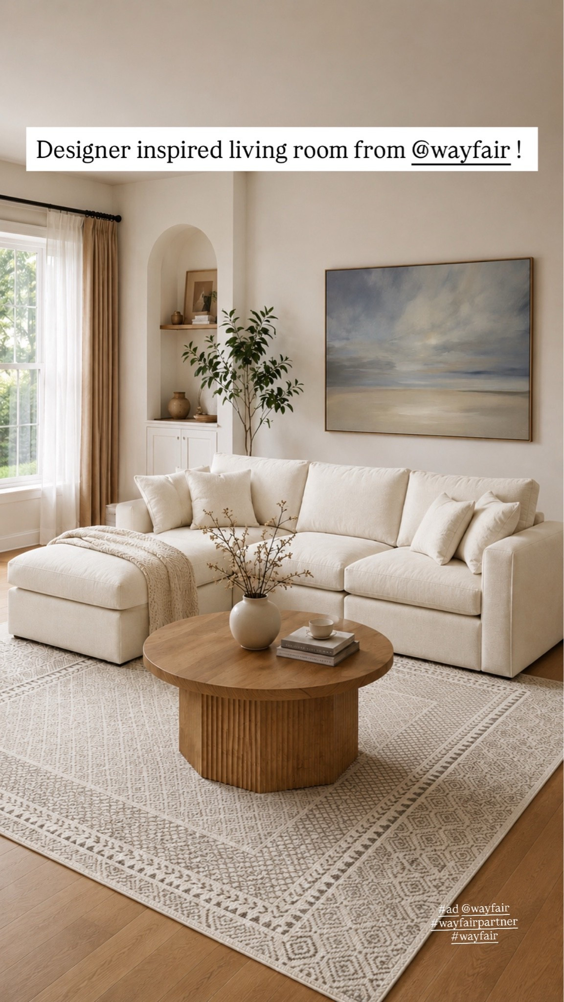 #ad @Wayfair  Hot Summer Sale is making it WAY too easy to create a home that feels elevated without the luxury price tag. 🤍 
This space came together with some of my favorite neutral finds, from the textured rug to the cozy oversized sectional and warm wood coffee table.

I’m always chasing that light, airy, designer-inspired look, and these pieces seriously transformed this room. The best part? So many of these finds are on major sale right now.

If you’ve been thinking about refreshing your space for summer, this is your sign to finally do it. ✨

#wayfair #wayfairpartner

#LTKSaleAlert #LTKHome