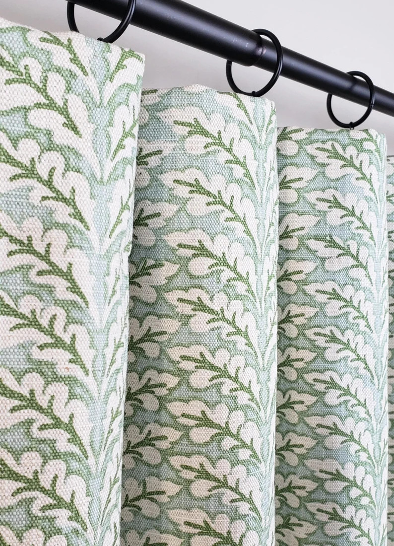 Pair Rod Pocket Top Curtains in Spencer Tendril Green Snowy on Natural Heavy Slub Linen- Lining O... | Etsy (US)