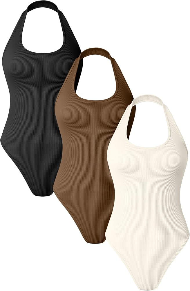 TOB Women's 3 Piece Bodysuits Sexy Casual Halter Sleeveless Ribbed Tank Tops Bodysuits | Amazon (US)