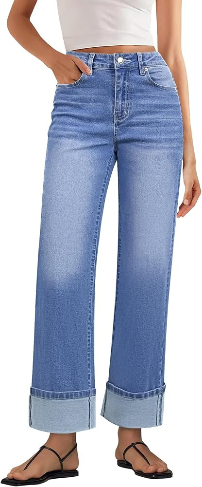 GRAPENT Wide Leg Jeans for Women Trendy High Waisted Cuffed Hem Stretchy Denim Trousers Pants Wor... | Amazon (US)