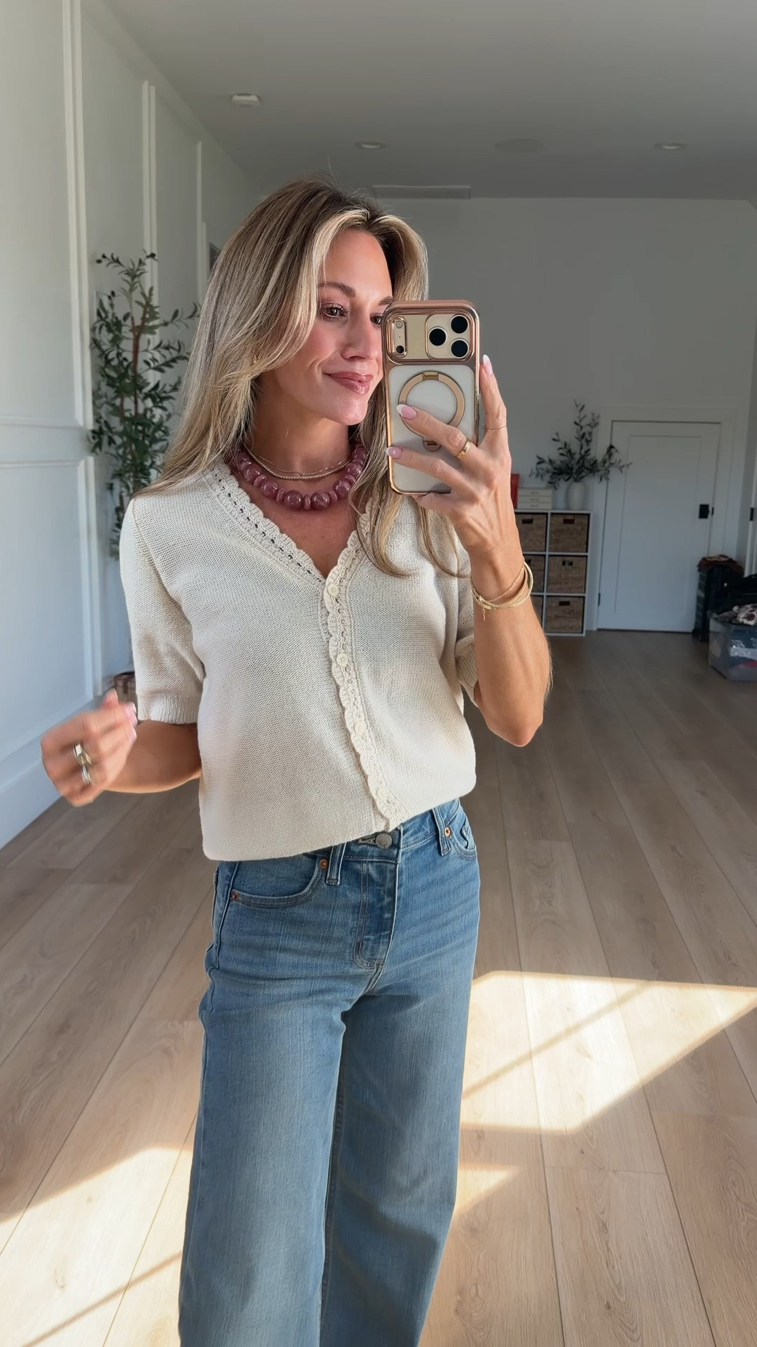 The prettiest pointelle cardiagn sweater! I am wearing my true size xsmall. Love it paired with these wide leg jeans 🤌