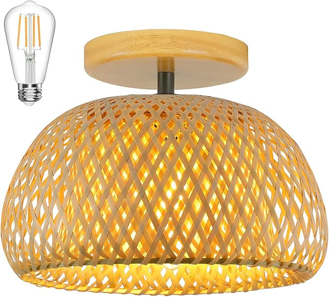 HXMLS Semi Flush Mount Ceiling Light,Farmhouse Bamboo Wicker Rattan Boho Ceiling Light Fixture Ha... | Amazon (US)