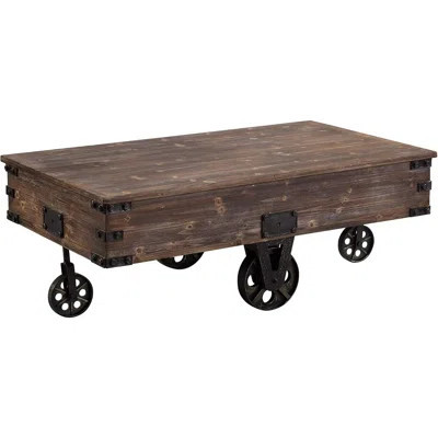 Vintage Factory Cart Coffee Table With Wheels, 47.25" Rectangular Wood Center Table, Rustic Espresso/antique Black Farmhouse Style | Wayfair North America